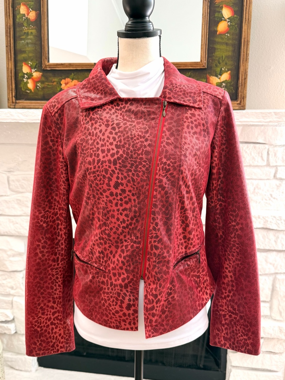 Vintage City Girl Red Leopard Faux Leather Moto Jacket